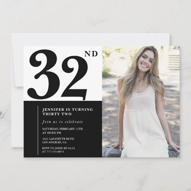 Black White Photo 32nd Birthday Invitations (Devant)
