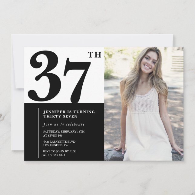 Black White Photo 37th Birthday Invitations (Devant)