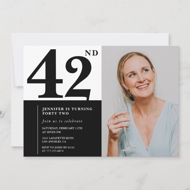 Black White Photo 42e anniversaire Invitations (Devant)