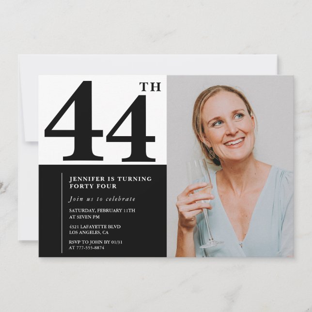 Black White Photo 44th Birthday Invitations (Devant)