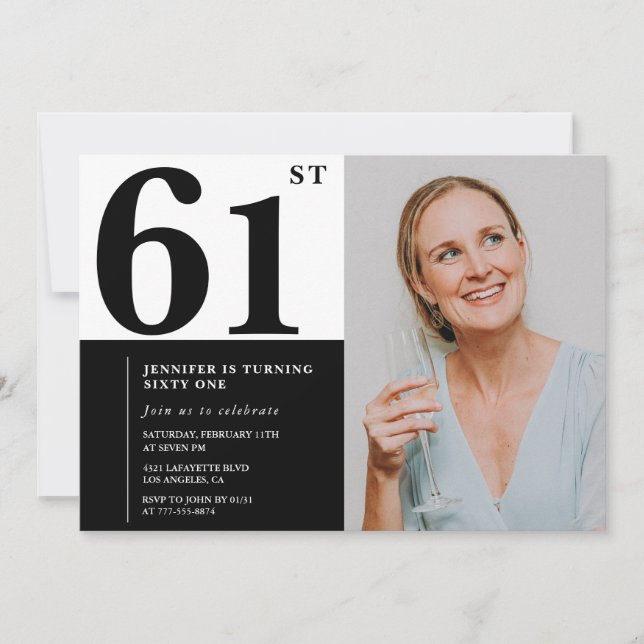 Black White Photo 61st Birthday Invitations (Devant)