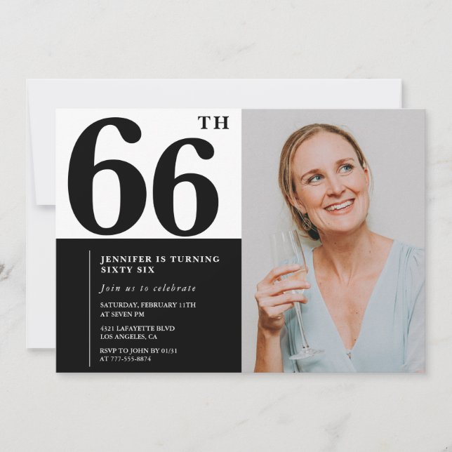 Black White Photo 66th Birthday Invitations (Devant)