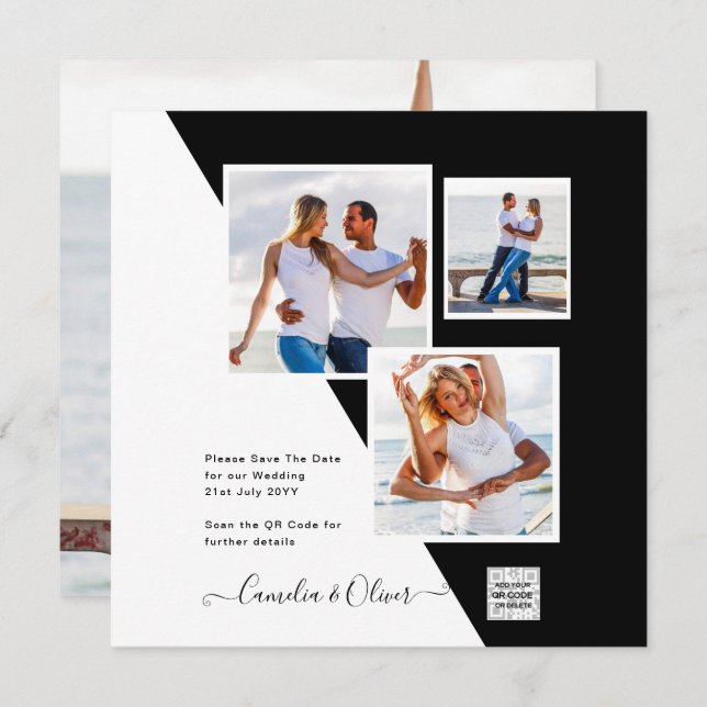 Black White Photo Wedding Inviter QR Code Enregist (Devant / Derrière)