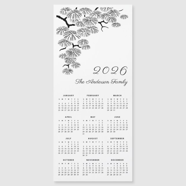 Black White Pine Branch Botanical Calendar 2026 (Devant)