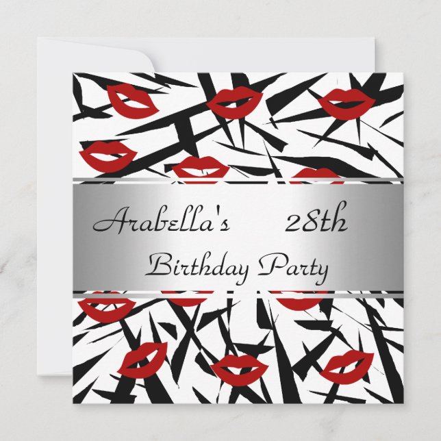 Black White Red Lips Invitation fête d'anniversair (Devant)