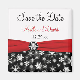 Black, White, Red Snowflakes Save the Date Magnet