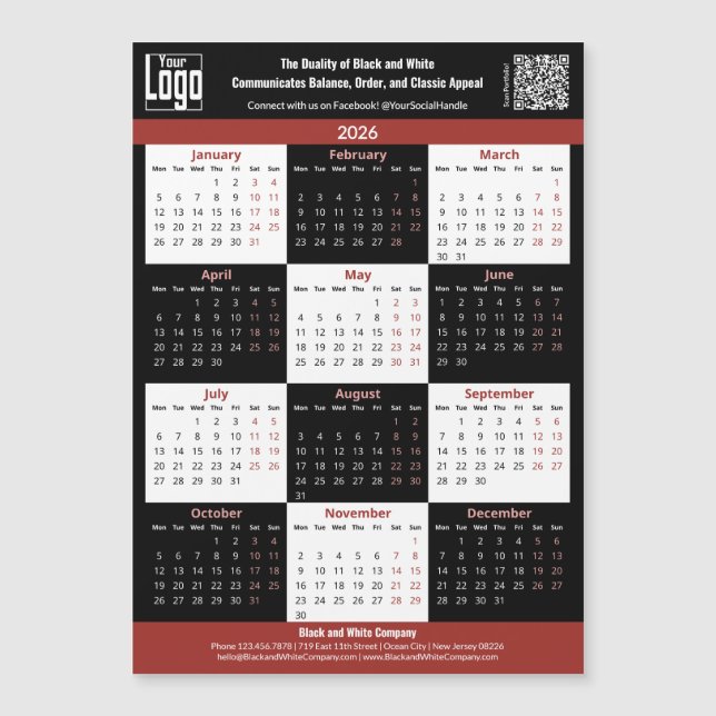 Black, White, Red Your Logo 2026 Calendar Magnet (Devant)