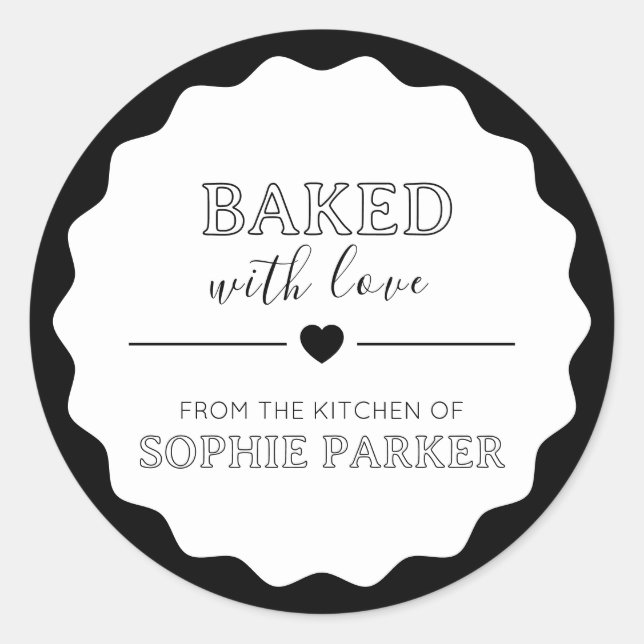 Black White Simple Baked With Love Scallop Sticker (Devant)