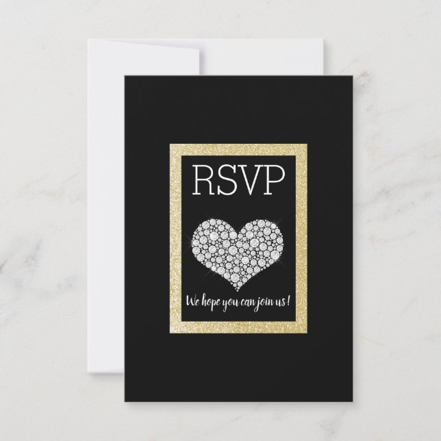 Black White Star Gold Heart RSVP simple élégant (Devant)