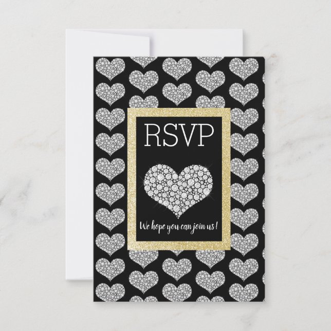 Black White Star Gold Heart RSVP simple élégant (Devant)