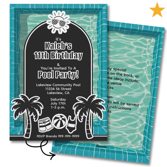 Black White Sticker Pool Party Birthday Invitation (Créateur téléchargé)
