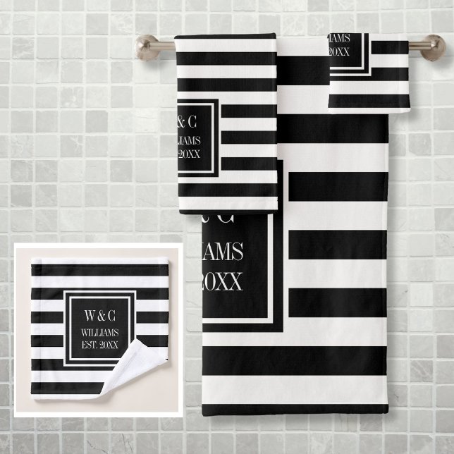 Black White Stripe Personalized Monogram (Black White Stripe Personalized Monogram Bath Towel Set)