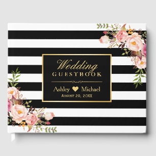 Black White Stripes Floral Mariage Livre d'or