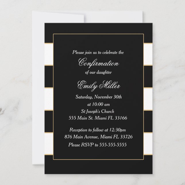 Black White Stripes Gold Confirmation Invitation (Devant)