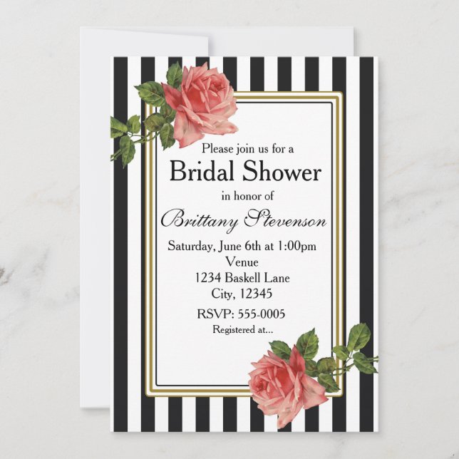 Black White Stripes Rose Roses Vintages Invitation (Devant)