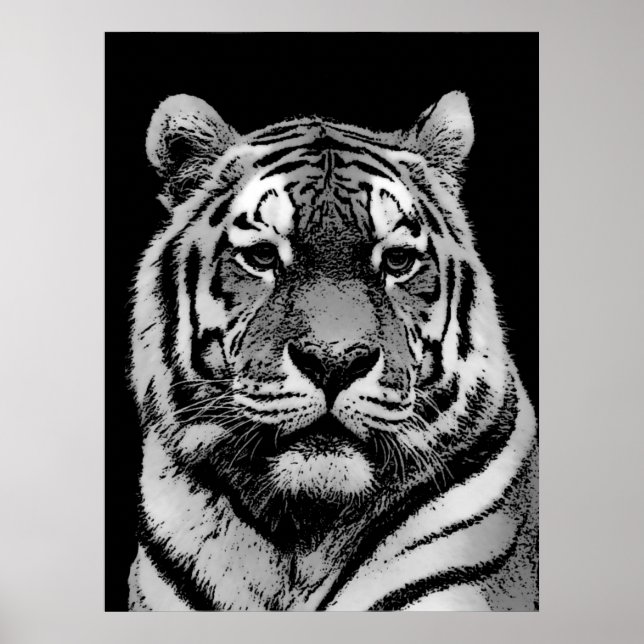 Black & White Tiger Poster Print - Pop Art Style (Devant)