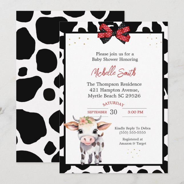 Black White Vache Baby Shower Invitations (Devant / Derrière)