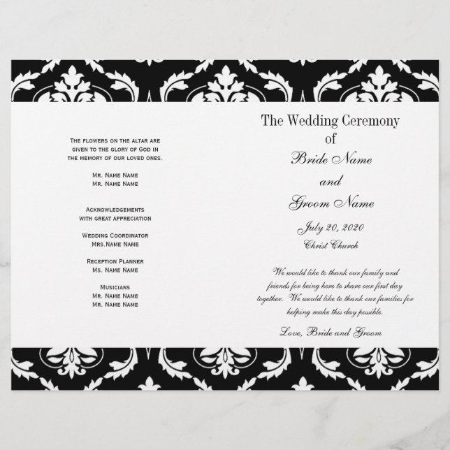 Black White Vintage Mariage damassé Programme (Devant)
