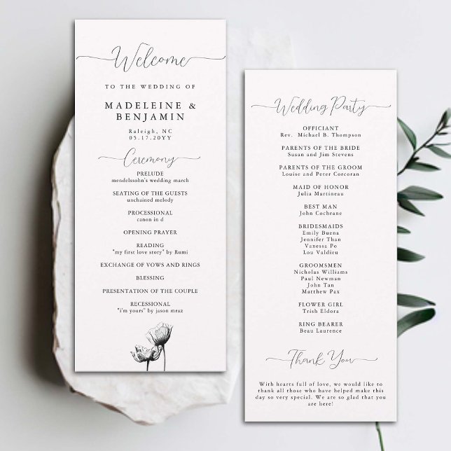 Black White Wild Poppies Élégant programme de mari (wedding ceremony program black white floral winter fall summer wild mountain poppies elegant formal )