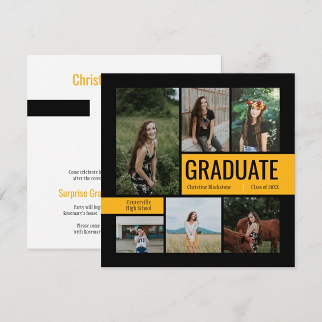 Black & Yellow 6 Photo Graduation Invitation (Devant / Derrière)