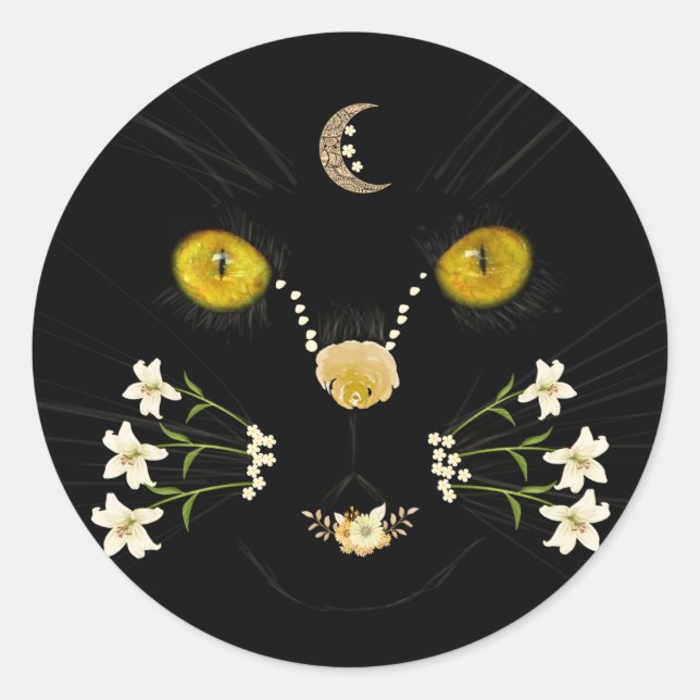 Black Yellow Gold Flower Cat Face Moon Sticker (Devant)