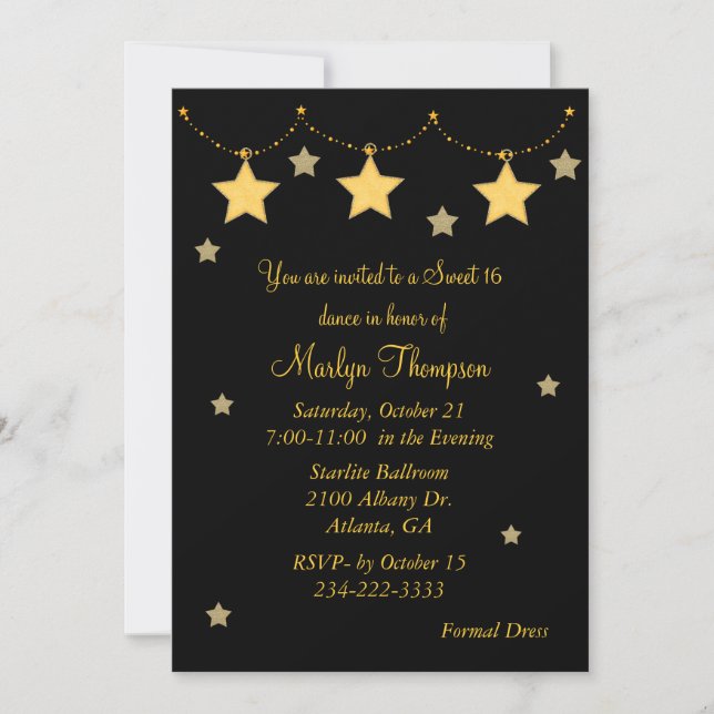 Black & Yellow Star Lights Sweet 16 Invitation (Devant)