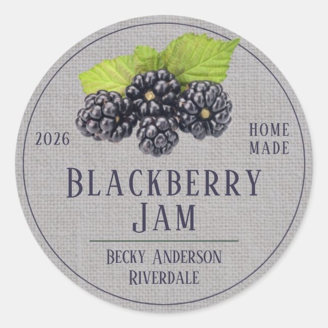 Blackberry Jam sur le lin gris Étiquette rond fait (Devant)