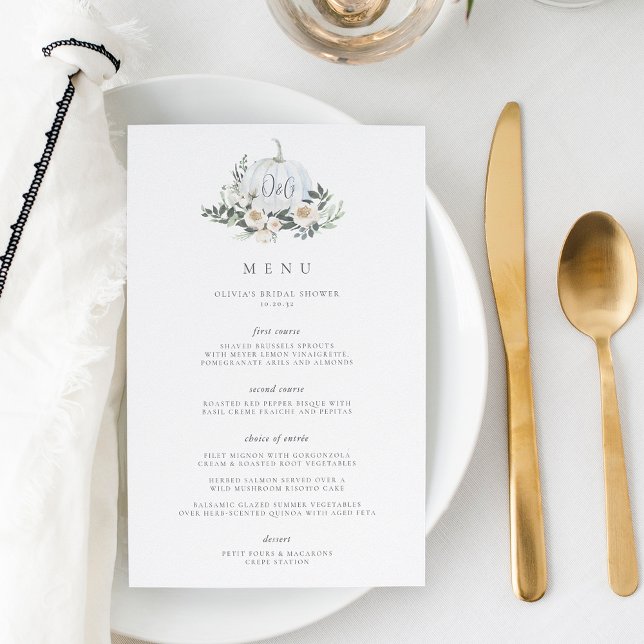 Blanc Automne Citrouille Verdure Monogramme Menu d (Créateur téléchargé)
