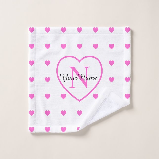 Blanc Avec Coeurs Roses & Grand Coeur Monogramme (Gant de toilette)