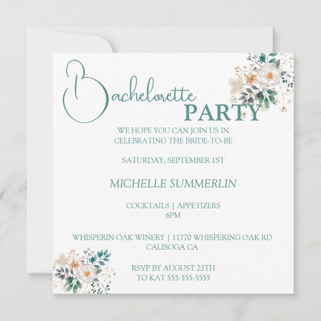 Blanc avec fleurs Bachelorette Party Invitation (Devant)