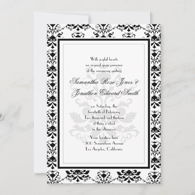 Blanc avec noir Damask Elegant Wedding Invitation (Devant)