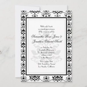 Blanc avec noir Damask Elegant Wedding Invitation