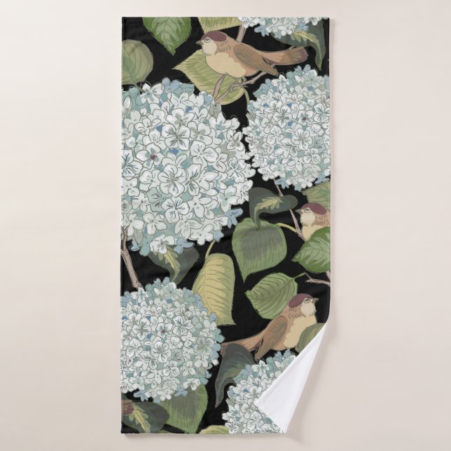 Blanc, bleu clair Hortensia avec feuilles verts et (Serviette de bain)