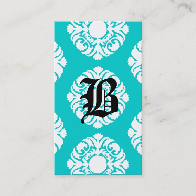 Blanc bleu de monogramme de damassé de cartes de (Devant)