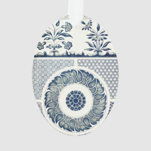Blanc bleu Floral chinois rond