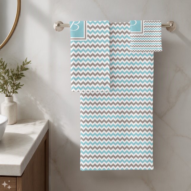 Blanc Bleu Gris Chevron Monogrammé (Créateur téléchargé)