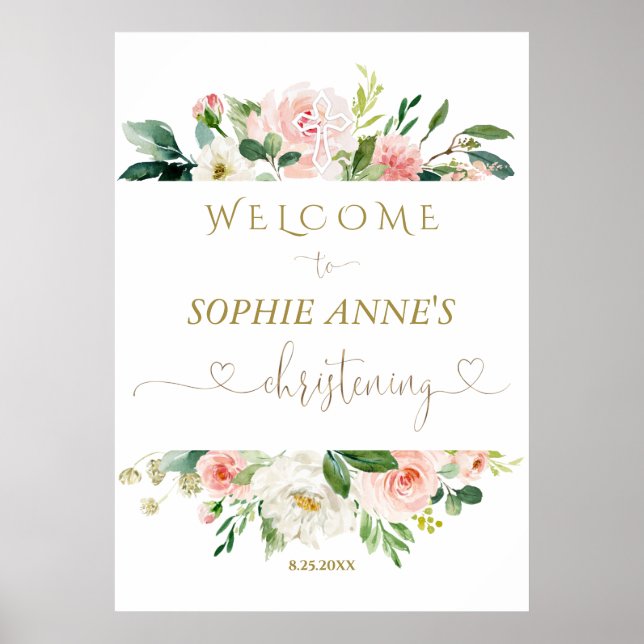 Blanc Blush Floral Gold Christening Affiche de bie (Devant)