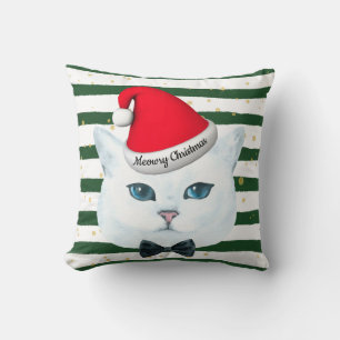 Blanc Chat de Noël Vert Coussin d'accentuation