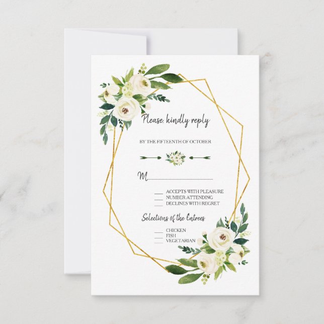 Blanc Chic Floral Vert Cadre Doré Mariage RSVP (Devant)