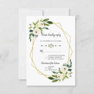 Blanc Chic Floral Vert Cadre Doré Mariage RSVP