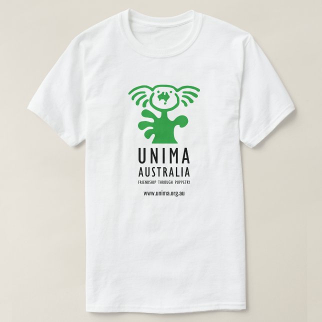 Blanc du T-shirt des hommes d'UNIMA Australie (Design devant)