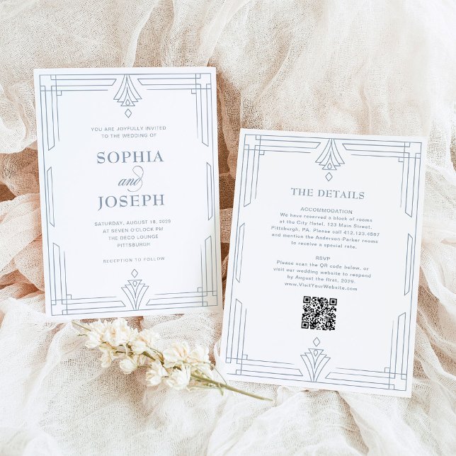 Blanc et Bleu Poussiéreux | Code QR Invitation de  (Créateur téléchargé)