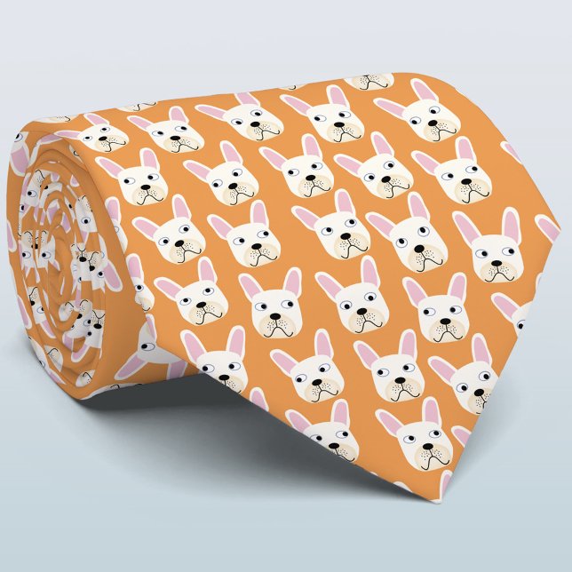 Blanc et Crème Français Bulldog Orange Cravate (Fun French Bulldog orange neck tie)