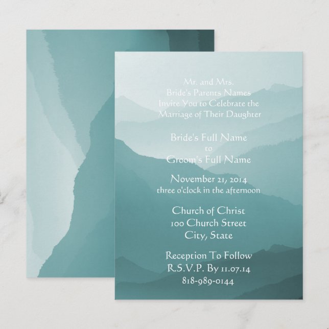 Blanc faire-part de mariage Sur Misty SeaBlue (Devant / Derrière)