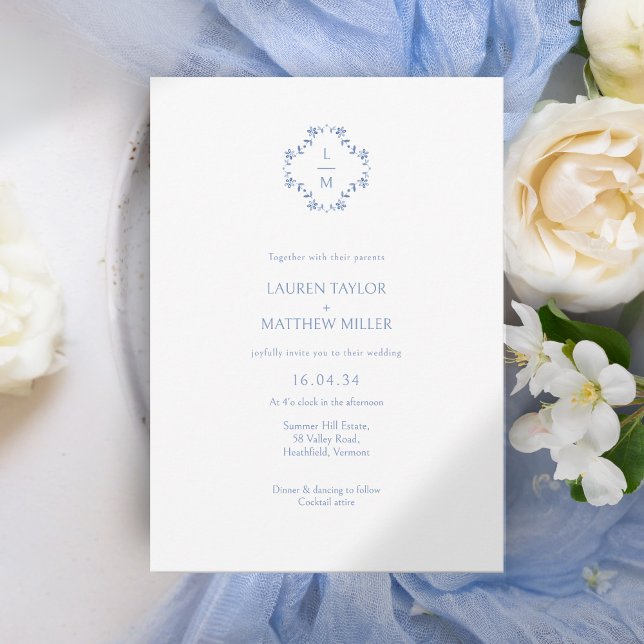 Blanc + Floral bleu Monogramme Mariage floral (Créateur téléchargé)