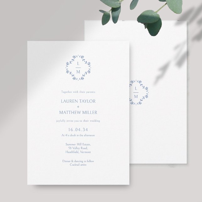 Blanc + Floral bleu Monogramme Mariage floral (Créateur téléchargé)
