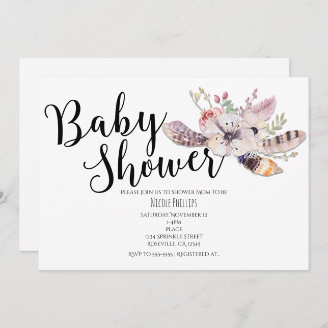 Blanc Floral Boho Chic Baby Shower Invitations (Devant / Derrière)