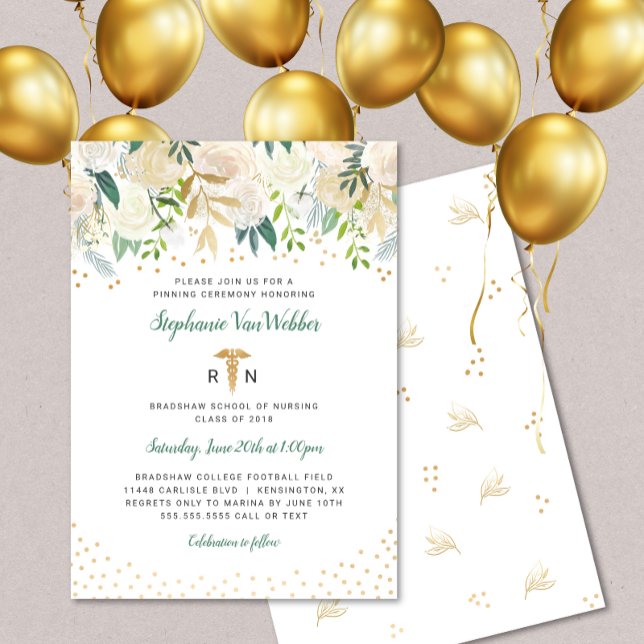 Blanc Floral Gold Confetti RN invitations de gradu (Créateur téléchargé)