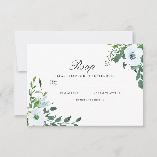 Blanc Floral verdure Élégant Mariage RSVP (Devant)