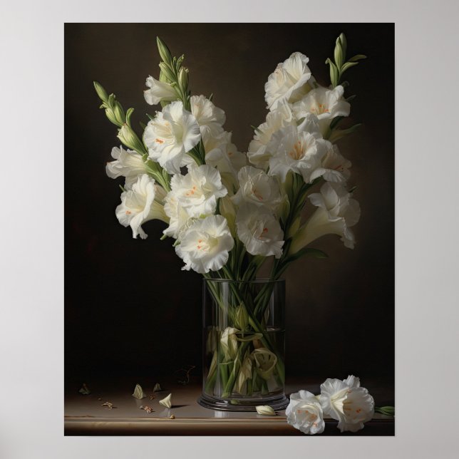 Blanc Gladiolus Fleurs Art Imprimer Poster (Devant)